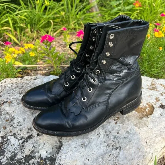 Vintage 90s Justin Roper Black Lace Up Kilte Cowgirl Western Boots 7B Style L506