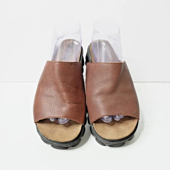 Vintage 90s Y2K Brown Leather Lug Sole Slip On Chunky Sandals Shoes Womens 8.5