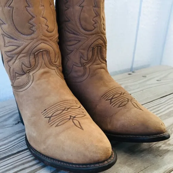 Vintage Abilene Mens Tan Nubuck Leather Cowboy Western Boots 8 EE USA