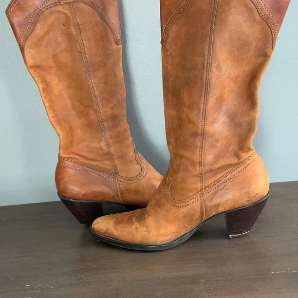 Vintage Dallas Western Cowboy Boots Brown Leather 8M Brazil Boho Festival