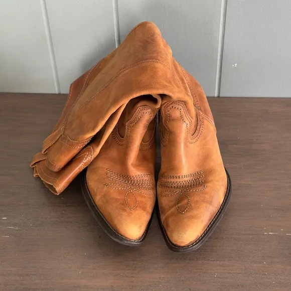 Vintage Dallas Western Cowboy Boots Brown Leather 8M Brazil Boho Festival
