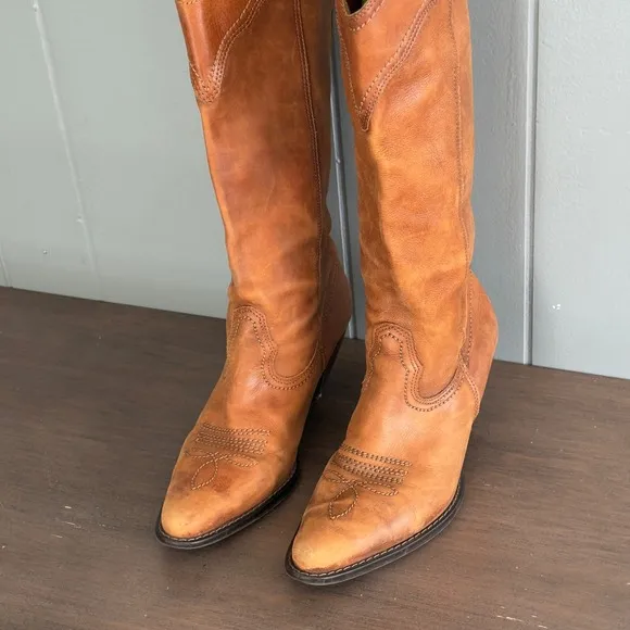 Vintage Dallas Western Cowboy Boots Brown Leather 8M Brazil Boho Festival