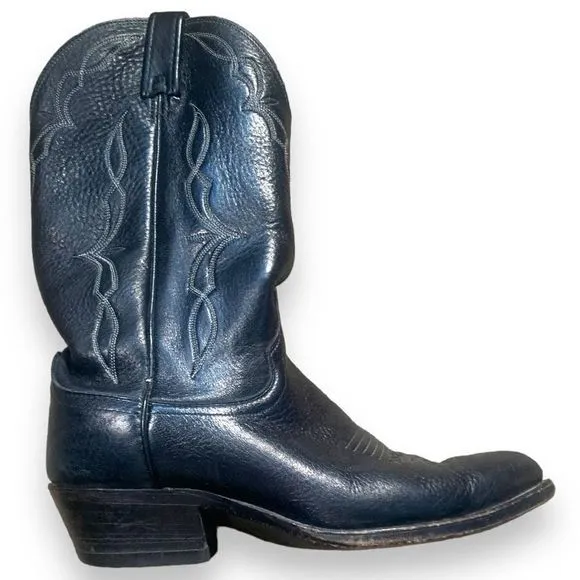 Vintage Dan Post Cowboy Boots Black Leather Unisex White Stitching Western 9