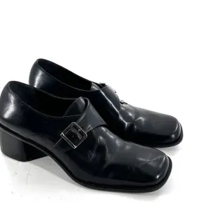 Vintage Enzo Angiolini Heel Loafers 10 Black Leather Monk Straps 90s Y2K Grunge