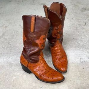 Vintage Luchese Brown Cowboy Full Quill Ostrich Western Boots Exotic Rare