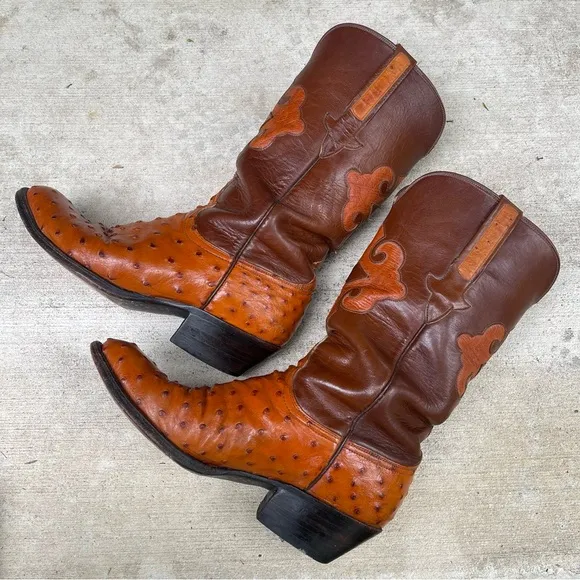Vintage Luchese Brown Cowboy Full Quill Ostrich Western Boots Exotic Rare