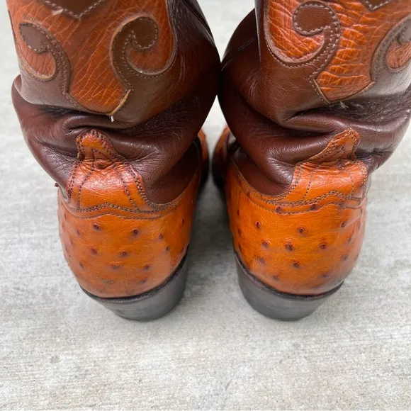 Vintage Luchese Brown Cowboy Full Quill Ostrich Western Boots Exotic Rare