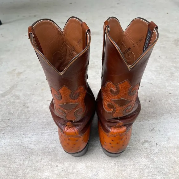 Vintage Luchese Brown Cowboy Full Quill Ostrich Western Boots Exotic Rare