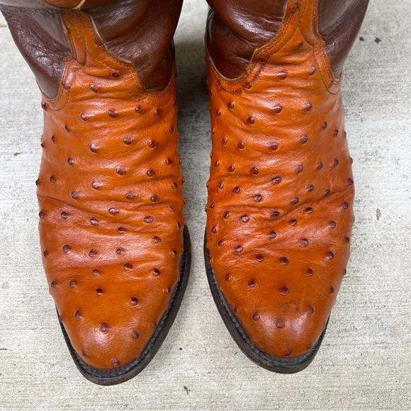 Vintage Luchese Brown Cowboy Full Quill Ostrich Western Boots Exotic Rare