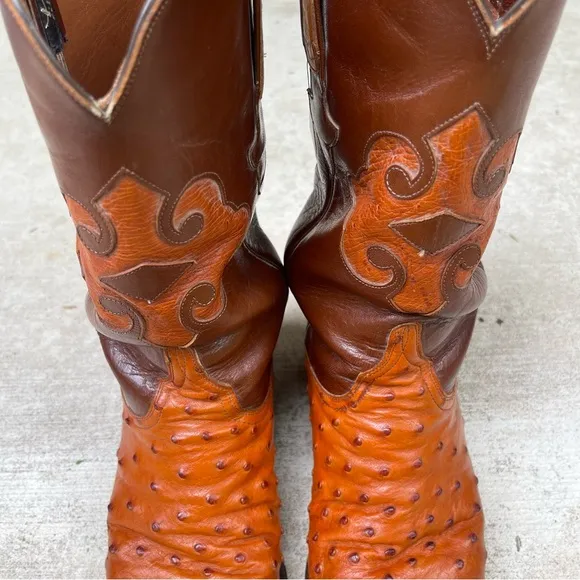 Vintage Luchese Brown Cowboy Full Quill Ostrich Western Boots Exotic Rare