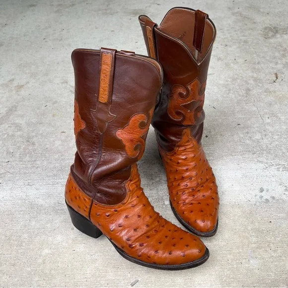 Vintage Luchese Brown Cowboy Full Quill Ostrich Western Boots Exotic Rare