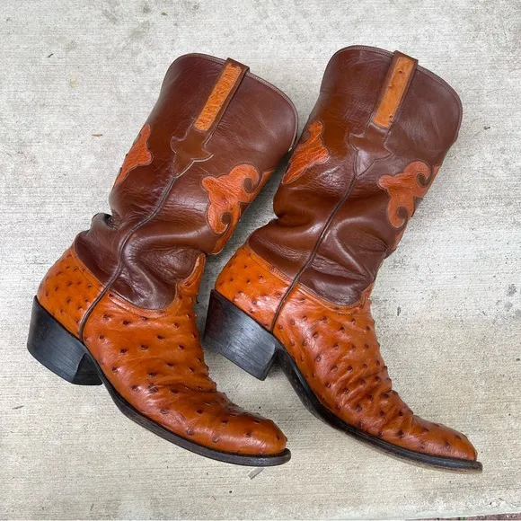Vintage Luchese Brown Cowboy Full Quill Ostrich Western Boots Exotic Rare