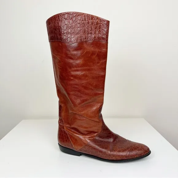 Vintage Polly Bergen Italian Leather Tall Riding Boots Cognac Size 8
