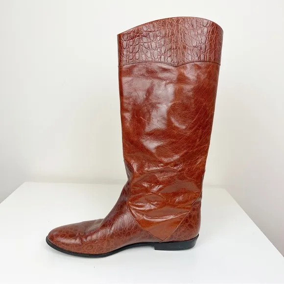 Vintage Polly Bergen Italian Leather Tall Riding Boots Cognac Size 8