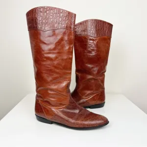 Vintage Polly Bergen Italian Leather Tall Riding Boots Cognac Size 8