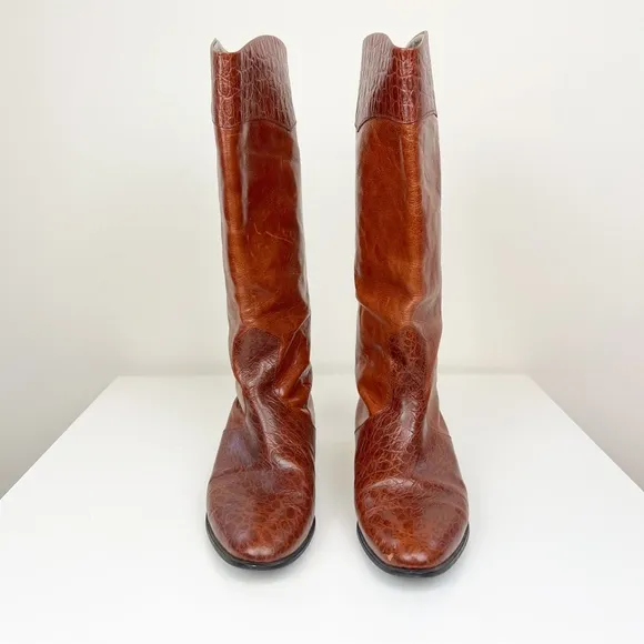 Vintage Polly Bergen Italian Leather Tall Riding Boots Cognac Size 8