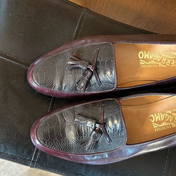 Vintage Salvatore Ferragamo Croc Embossed Burgundy Leather Tassel Penny Loafers