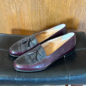 Vintage Salvatore Ferragamo Croc Embossed Burgundy Leather Tassel Penny Loafers