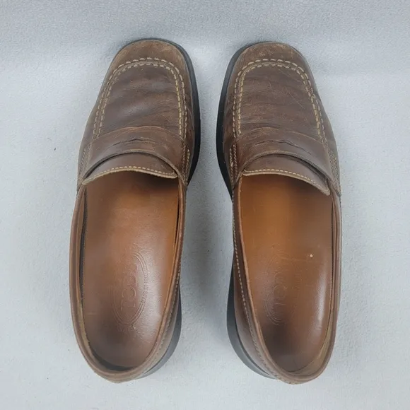 Vintage Tod's Leather Penny Loafers Men's Shoes Size 10 Brown Slip-On Casual Pre