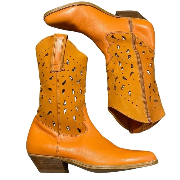 Vintage Y2K Cowgirl Boots BLT Santa Barbara Leather NWT Orange Pointed Toe