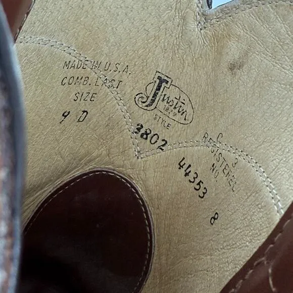 Vtg Justin Roper Men Boots 3802 Sz 9D Brown Leather Cowboy Round Toe Made in USA