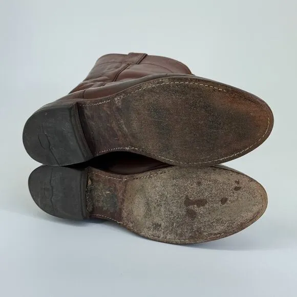 Vtg Justin Roper Men Boots 3802 Sz 9D Brown Leather Cowboy Round Toe Made in USA