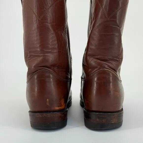 Vtg Justin Roper Men Boots 3802 Sz 9D Brown Leather Cowboy Round Toe Made in USA
