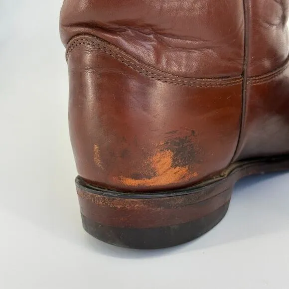Vtg Justin Roper Men Boots 3802 Sz 9D Brown Leather Cowboy Round Toe Made in USA