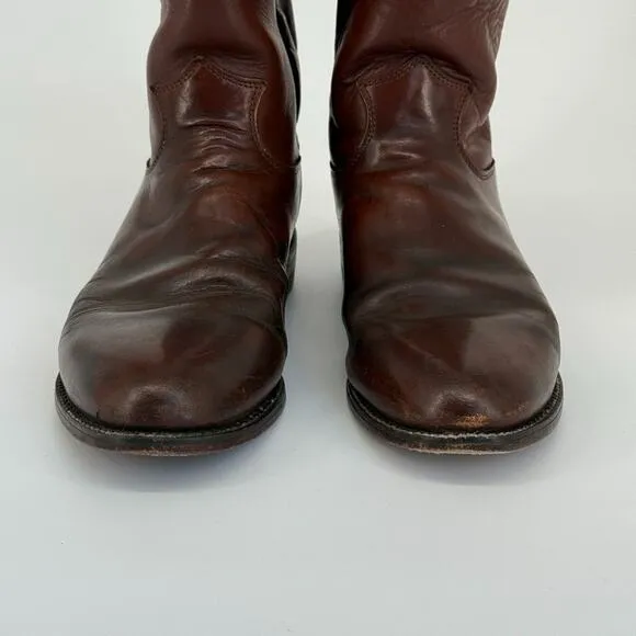 Vtg Justin Roper Men Boots 3802 Sz 9D Brown Leather Cowboy Round Toe Made in USA