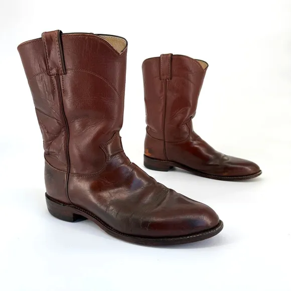 Vtg Justin Roper Men Boots 3802 Sz 9D Brown Leather Cowboy Round Toe Made in USA