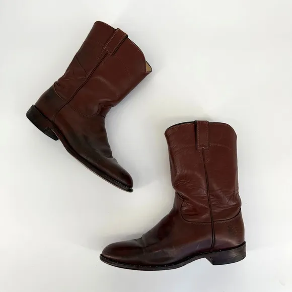 Vtg Justin Roper Men Boots 3802 Sz 9D Brown Leather Cowboy Round Toe Made in USA