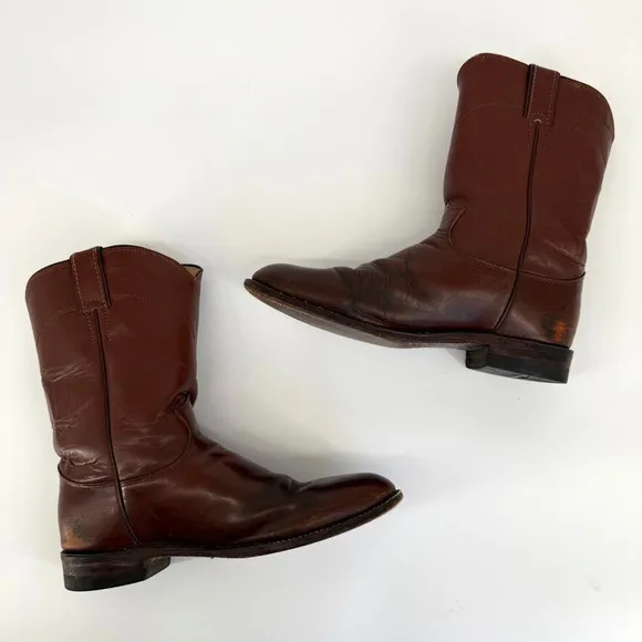Vtg Justin Roper Men Boots 3802 Sz 9D Brown Leather Cowboy Round Toe Made in USA