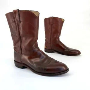 Vtg Justin Roper Men Boots 3802 Sz 9D Brown Leather Cowboy Round Toe Made in USA
