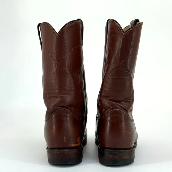 Vtg Justin Roper Men Boots 3802 Sz 9D Brown Leather Cowboy Round Toe Made in USA