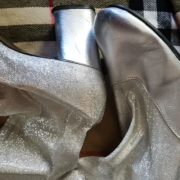 VTG LEATHER STRETCH KNEE BOOTS SILVER GLITTER METALLIC SZ 8 8.5 GOGO MOD OMG
