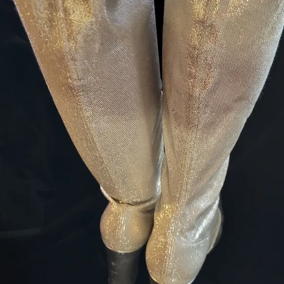VTG LEATHER STRETCH KNEE BOOTS SILVER GLITTER METALLIC SZ 8 8.5 GOGO MOD OMG