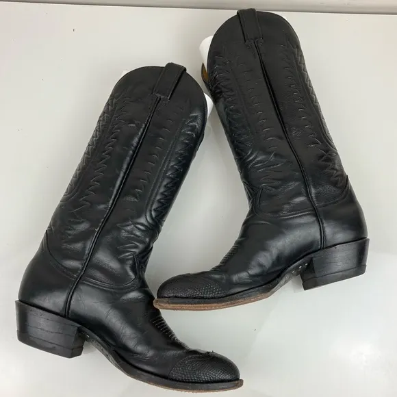 VTG Tony Lama Men’s Size 8.0 D 6214 Black Leather Cowboy Boots Lizard Wingtip