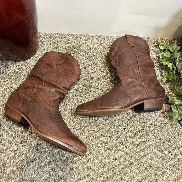 Vtg Western Red Brown Leather Made In USA Western Boots Women 5.5 M Slouchy New