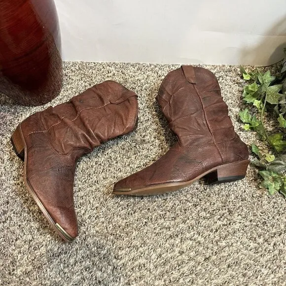 Vtg Western Red Brown Leather Made In USA Western Boots Women 5.5 M Slouchy New