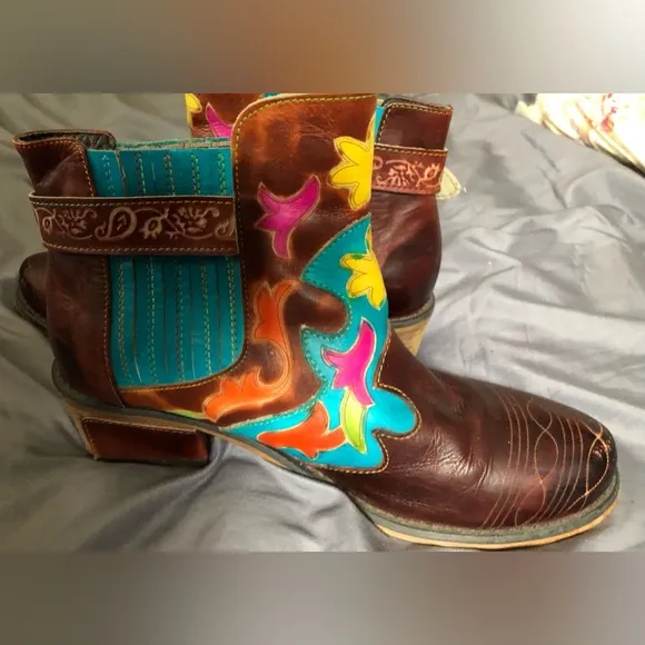 Western-style leather Ankle Boots womens sz 8 8.5 39 SOCOFY hand-made unique NM