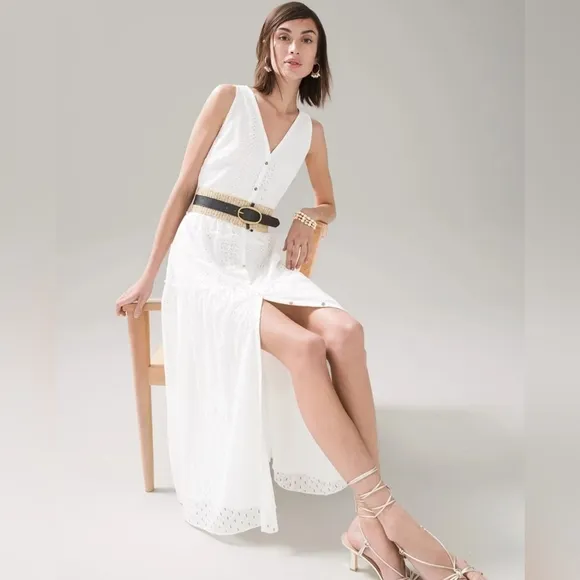 WHBM Eyelet Belted Midi Dress Off-White Size 12 Sleeveless Shirt Dress‎