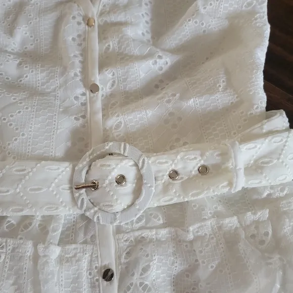 WHBM Eyelet Belted Midi Dress Off-White Size 12 Sleeveless Shirt Dress‎
