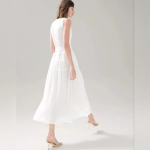 WHBM Eyelet Belted Midi Dress Off-White Size 12 Sleeveless Shirt Dress‎