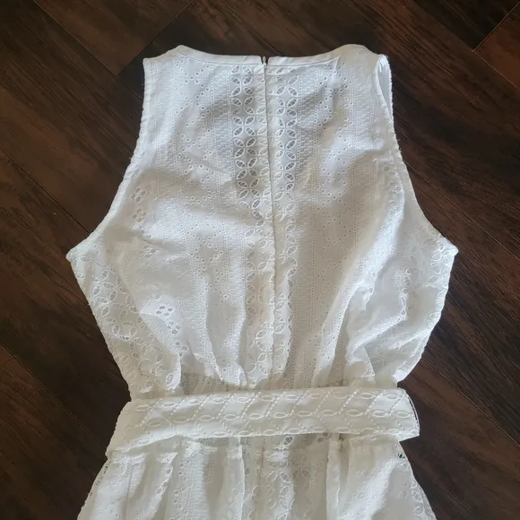 WHBM Eyelet Belted Midi Dress Off-White Size 12 Sleeveless Shirt Dress‎