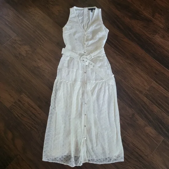 WHBM Eyelet Belted Midi Dress Off-White Size 12 Sleeveless Shirt Dress‎