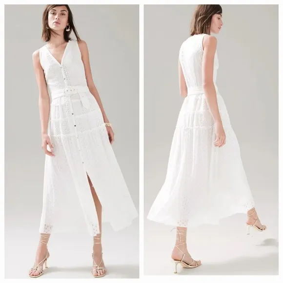 WHBM Eyelet Belted Midi Dress Off-White Size 12 Sleeveless Shirt Dress‎
