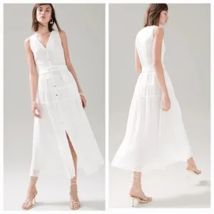 WHBM Eyelet Belted Midi Dress Off-White Size 12 Sleeveless Shirt Dress‎