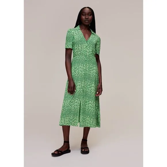 Whistles Green Leopard Petals Midi Dress Sz 4