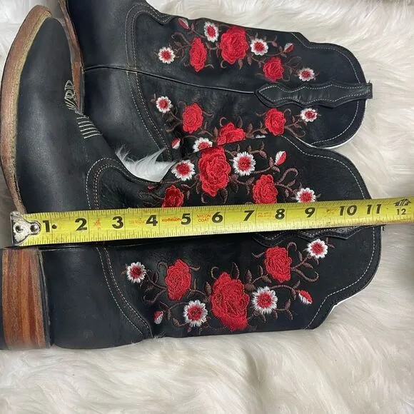 White Diamond leather black nubuck cow girl Boots red&amp; white floral accents SZ8