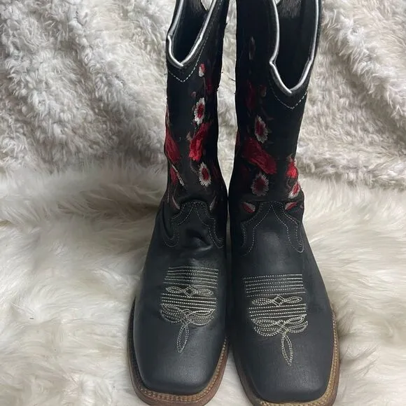 White Diamond leather black nubuck cow girl Boots red&amp; white floral accents SZ8